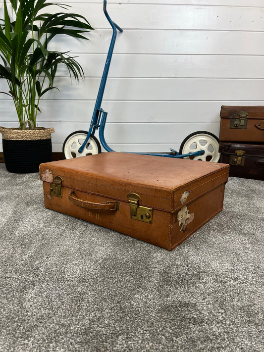 Vintage Brown Leather Suitcase Retro Travel Trunk Boho Décor Display