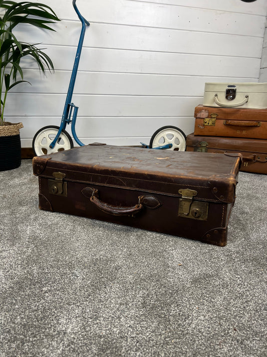 Vintage Orient Make Brown Leather Suitcase Travel Trunk Boho Décor Display British Made