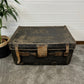 Vintage Antique Black Leather Steamer Trunk Large Travel Chest Steampunk Industrial Blanket Box