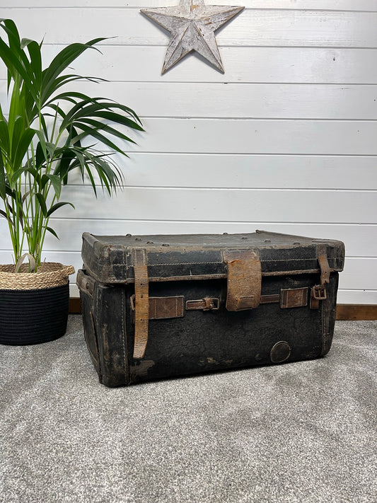 Vintage Antique Black Leather Steamer Trunk Large Travel Chest Steampunk Industrial Blanket Box