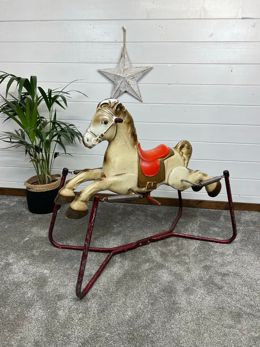 Vintage MOBO Prairie King Pressed Metal Rocking Horse 1960's On Springs Classic Retro Toy