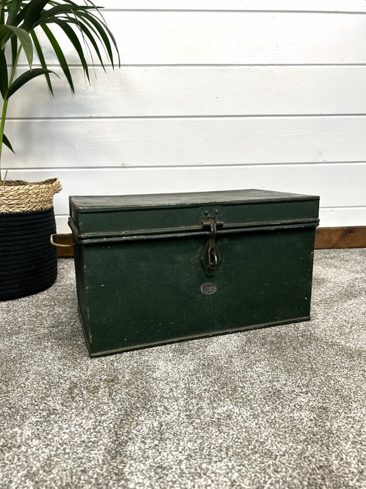 Vintage Metal Storage Box Antique Deed Box Toolbox Matthew J Hart & Sons Rustic Industrial