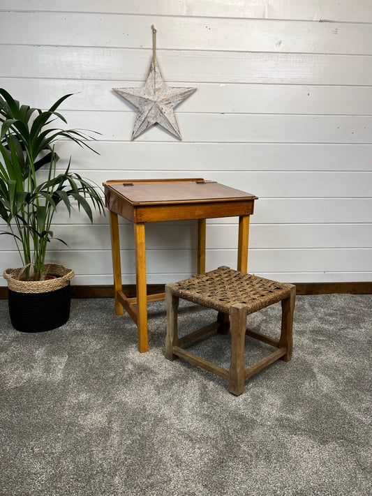 Vintage Wooden School Desk & Woven Stool Original Rustic Display Decor