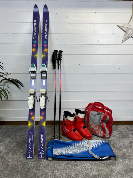 Vintage Dynastar Fusion 185cm Skis, Boots, Poles & Bag Retro Winter Christmas Display