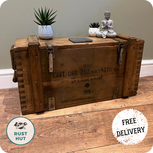 Wooden Ammo Box Vintage 1971 Rustic Storage Toy Chest Industrial Trunk Coffee Table