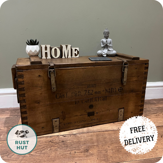 Wooden Ammo Box Vintage 1971 Rustic Storage Toy Chest Industrial Trunk Coffee Table