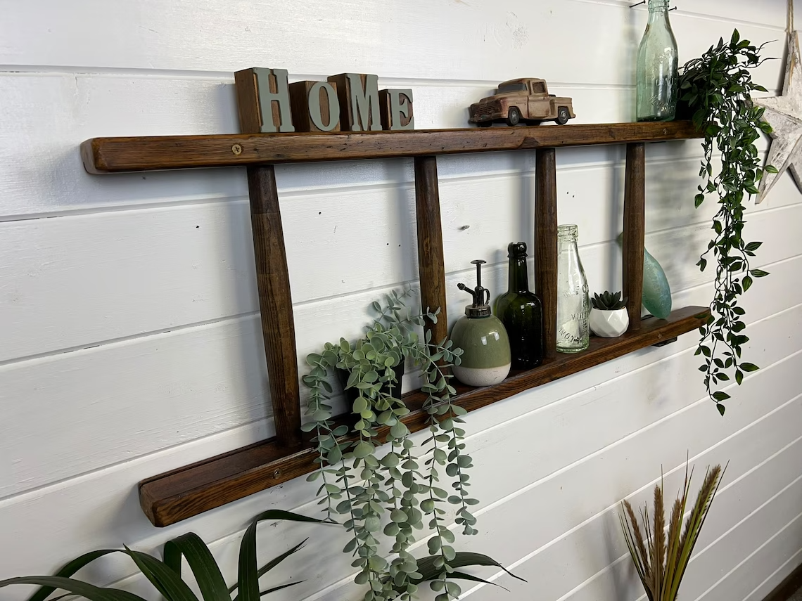Vintage Wooden Ladder Wall Shelf Reclaimed Rustic Decor Living Room Hallway Plant Display - CHOICE OF LENGTH